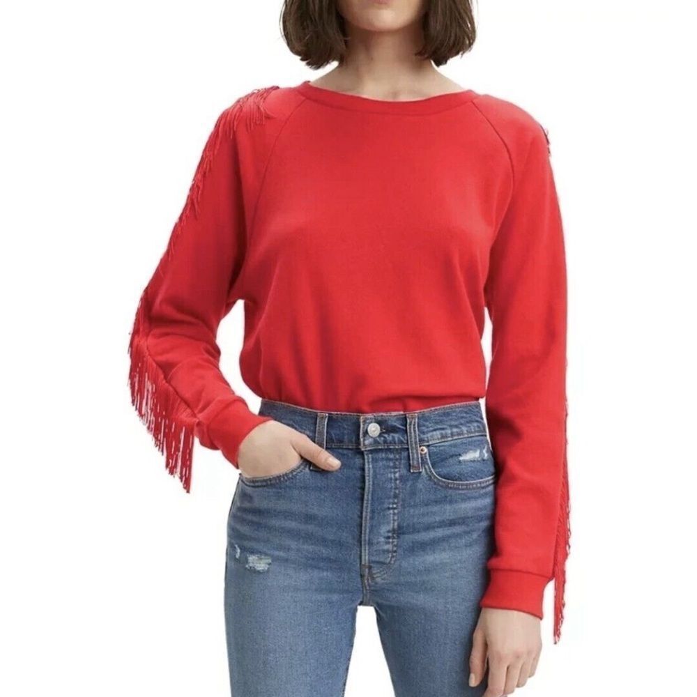 Levi's Western Fringe Crewneck Sweatshirt Top Brilliant Red Size L E